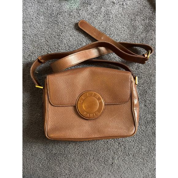 Auth CELINE Round Logo Shoulder bag Crossbody Bag Brown Leather - Picture 1 of 8